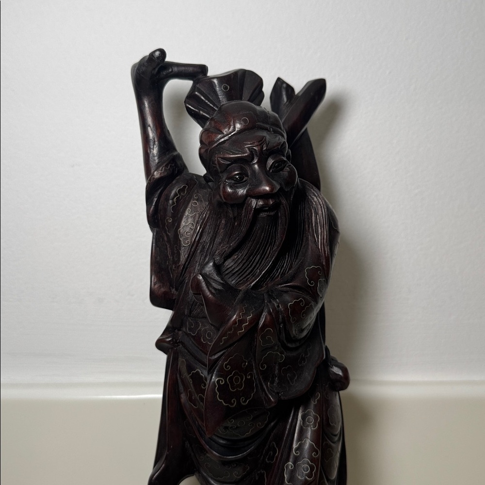 Vintage Hand-Carved Chinese Guan Yu Warrior God Statue, Dark Hardwood Sculpture - Picture 2 of 7